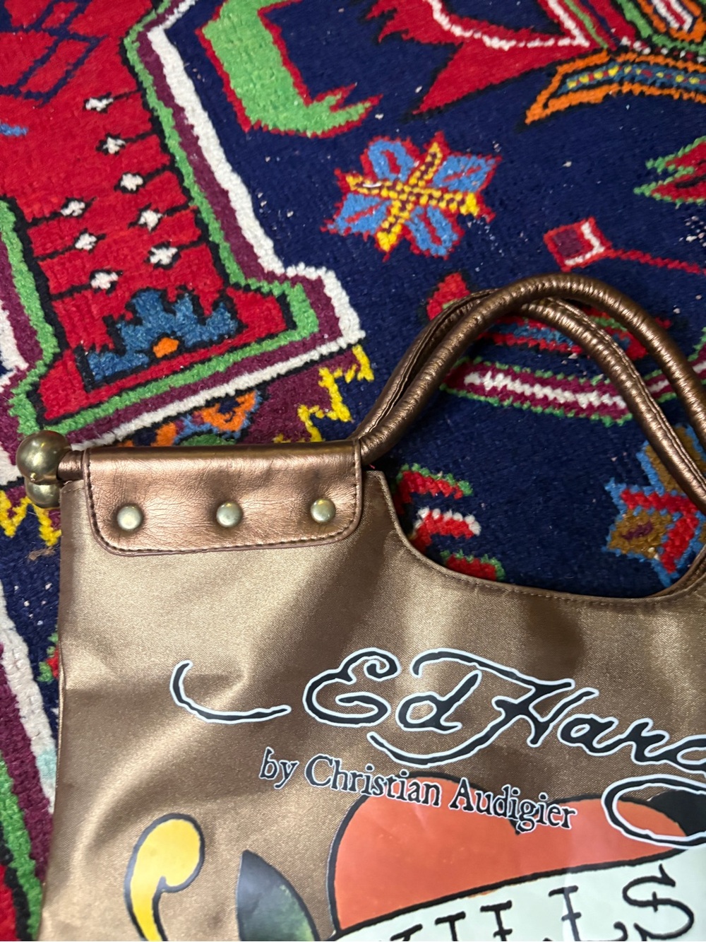 Y2K VINTAGE ED HARDY TOP HANDLE BROZE METALLIC GRAPHIC BAG PURSE - Picture 6 of 10